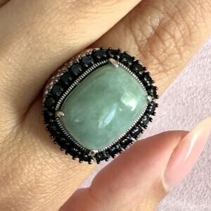 sterling silver jade & black tourmaline halo ring size 6